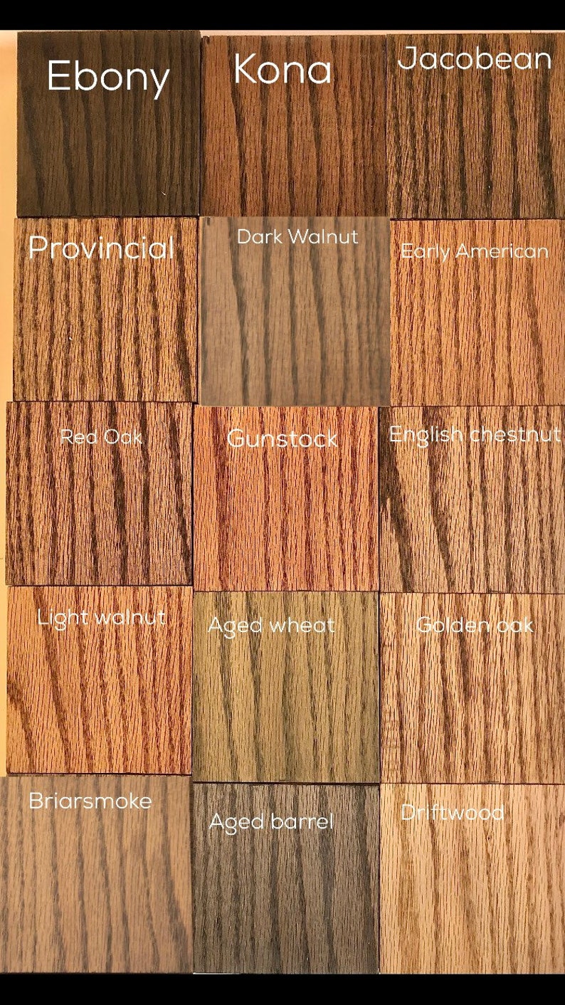 Puede incluir: Una carta de colores de tinte para madera con 12 colores de tinte para madera diferentes. Los colores son &Eacute;bano, Kona, Jacobean, Nogal oscuro, Provincial, Early American, Roble rojo, Gunstock, Casta&ntilde;o ingl&eacute;s, Nogal claro, Trigo envejecido, Roble dorado, Briarsmoke, Barril envejecido y Madera a la deriva.