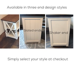 Puede incluir: Tres estilos de dise&ntilde;o de extremo diferentes para una mesa de madera. El primer estilo es un dise&ntilde;o simple en forma de X. El segundo estilo tiene un dise&ntilde;o de listones. El tercer estilo es un estilo shaker con un panel elevado.