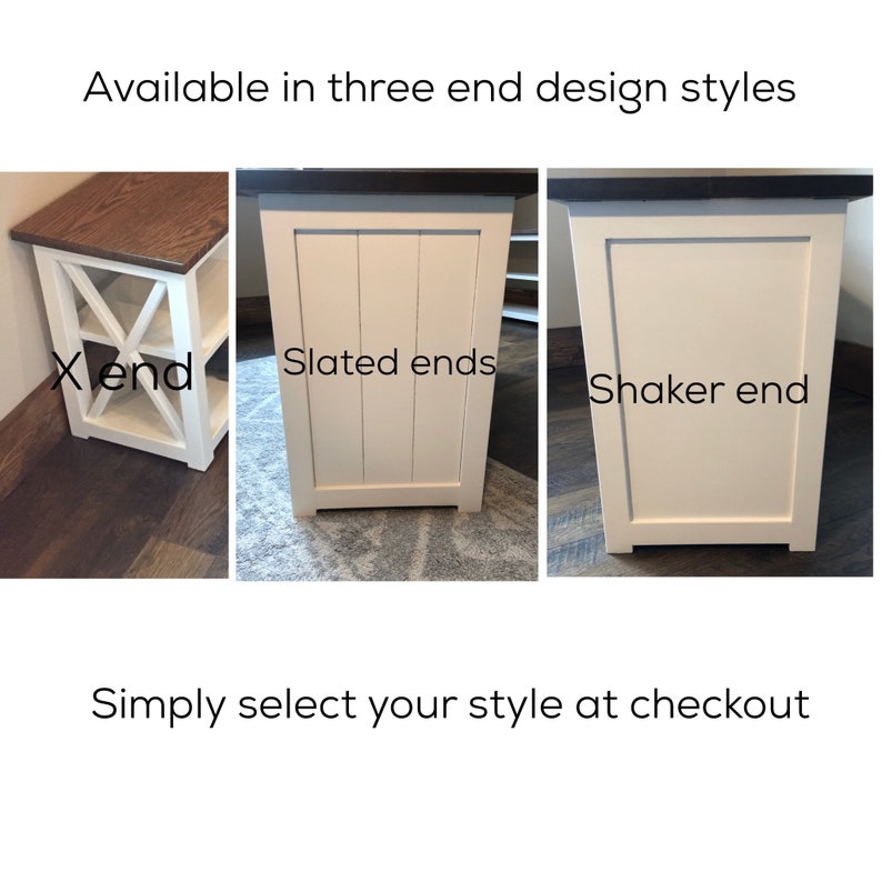 Puede incluir: Tres estilos de dise&ntilde;o de extremo diferentes para una mesa de madera. El primer estilo es un dise&ntilde;o simple en forma de X. El segundo estilo tiene un dise&ntilde;o de listones. El tercer estilo es un estilo shaker con un panel elevado.