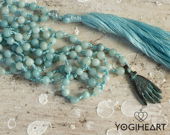 SOOTHE - 108 Amazonite beads mala in classical form | aquamarine guru | copper Hamsa to protect your neck energy point