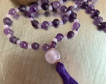 EASE - Relaxing rose quartz and amethyst mala | rose quartz guru bead | Sterling silver hamsa (rosé gold-plated) | violet thread & tassel