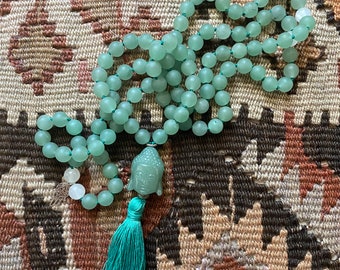 SERENITY - Aventurine mala (108 beads) | Moonstone | Carved aventurine Buddha | Sterling silver hamsa | emerald green thread & tassel