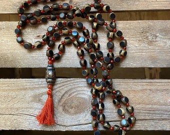 NO GO - long and light 108 bead mala | burnt horn | facetted Carnelain | copper guru | Carnelian orange thread  tassel