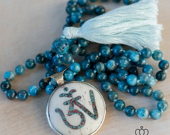 CHEER UP | 108 bead Apatite Mala with Lace Agate Guru and sky blue tassel