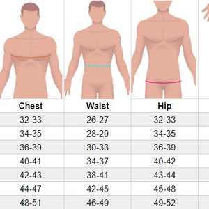 May include: Male sizing chart showing chest, waist, hip, and inseam measurements in inches. Sizes range from XX Small to XX Large. Includes body illustrations with measurement lines.