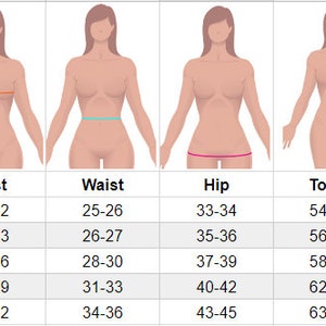 May include: A female sizing chart detailing bust, waist, hip, torso, and inseam measurements. Sizes range from X-Small to X-Large, with measurements in inches. The chart assists customers in selecting the correct garment size.
