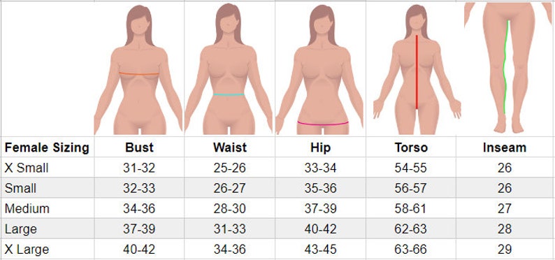 May include: A female sizing chart detailing bust, waist, hip, torso, and inseam measurements. Sizes range from X-Small to X-Large, with measurements in inches. The chart assists customers in selecting the correct garment size.