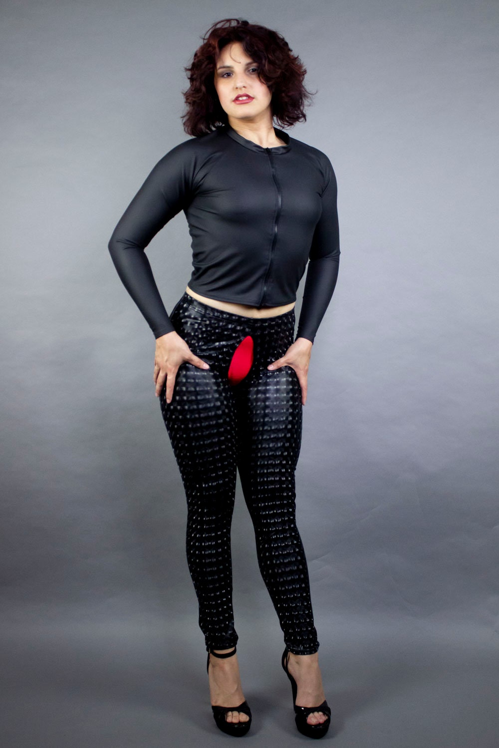 Crotchless Custom Leggings Pants in Spandex Vinyl Alternative to Latex 