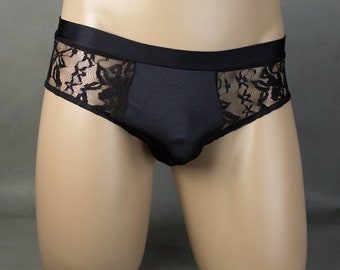 Custom Men's Lace Front Briefs  in Black Stretch Lace and Black Spandex