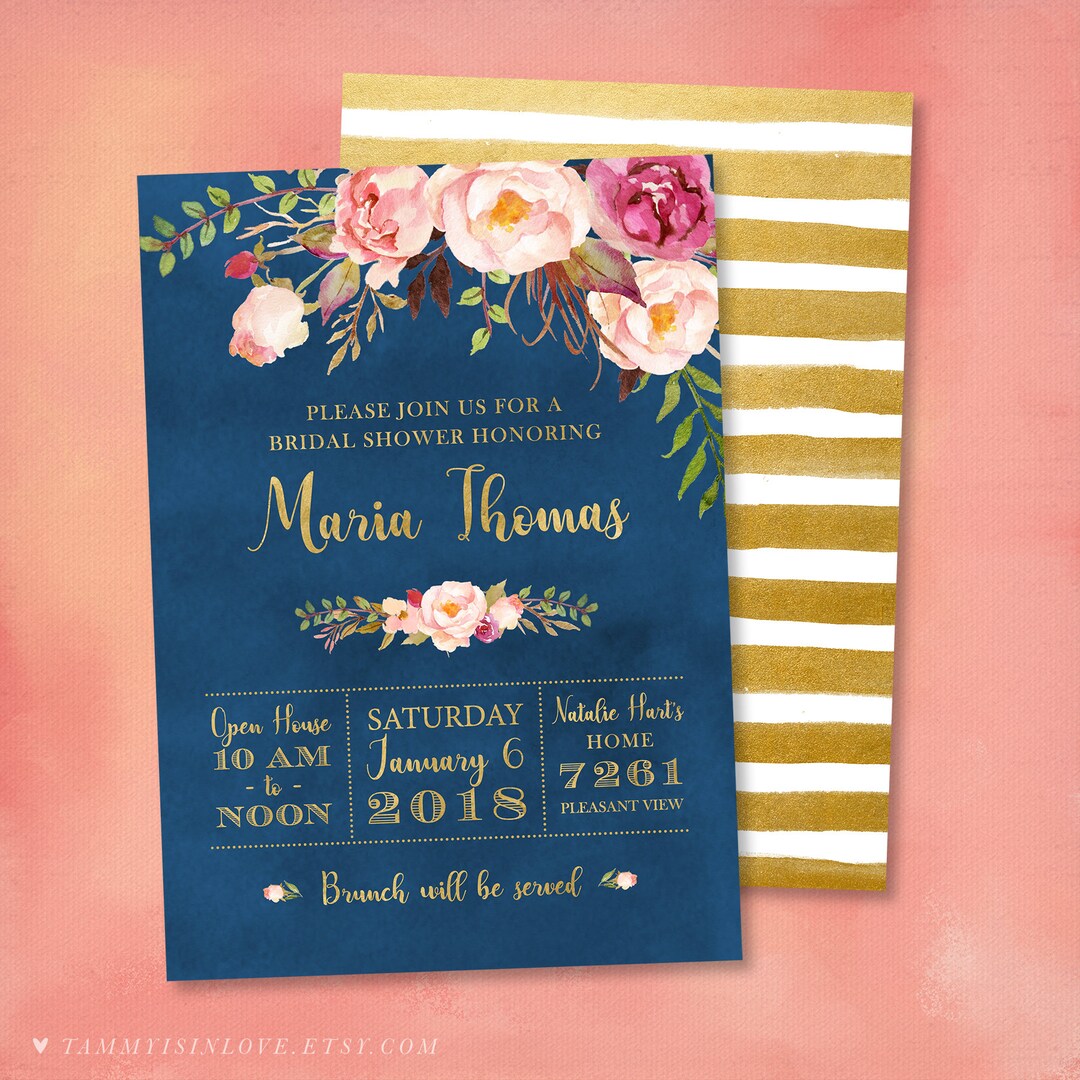 Navy Floral Bridal Shower Invitation Printable Invite 5x7 Etsy