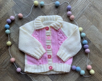 Personalised name hand knitted baby cardigan Baby gift new arrival. 3-6 months