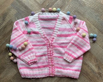 3-6 months approx Hand Knitted and Embroidered Personalised Baby Name Cardigan Upstitched Knits