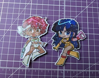 Kei and Yuri Dirty Pair chibi sparkle laminated stickers 80s anime