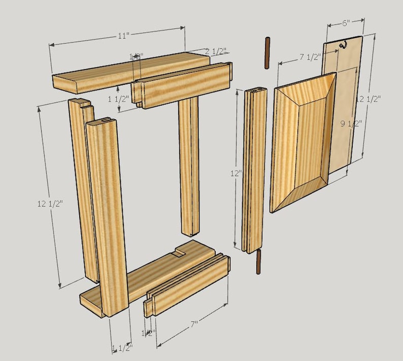 May include: Diagram of a wooden picture frame with dimensions labeled in inches. The frame is made of four vertical pieces, two horizontal pieces, and a back panel. The frame is 12 1/2 inches tall, 11 inches wide, and 2 1/2 inches deep.