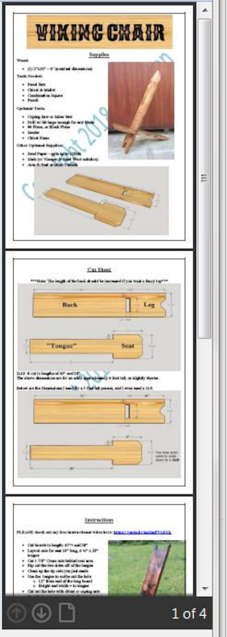May include: Diagram and instructions for building a Viking chair. The chair is made of wood and has a simple design. The instructions include a cut sheet and a list of supplies.