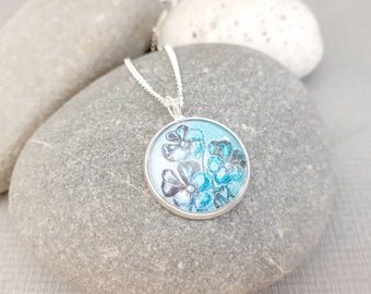 Blue Watercolour Flowers Pendant, Flower Illustration Pendant, Cabochon Pendant