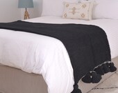 Cotton Blanket Throw Pom Pom, Black Moroccan PomPom Bedspread Coverlet, Hand Woven Bed Cover by Berber Artisans on Wooden Looms. BC2