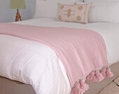 Cotton Blanket Throw Pom Pom, Pink Moroccan PomPom Bedspread Coverlet, Hand Woven Bed Cover by Berber Artisans on Wooden Looms. BC4