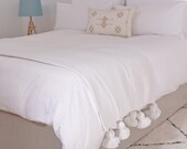 Cotton Blanket Throw Pom Pom, Natural White Moroccan PomPom Bedspread Coverlet, Hand Woven Bed Cover by Berber Artisans on Wooden Looms. BC1