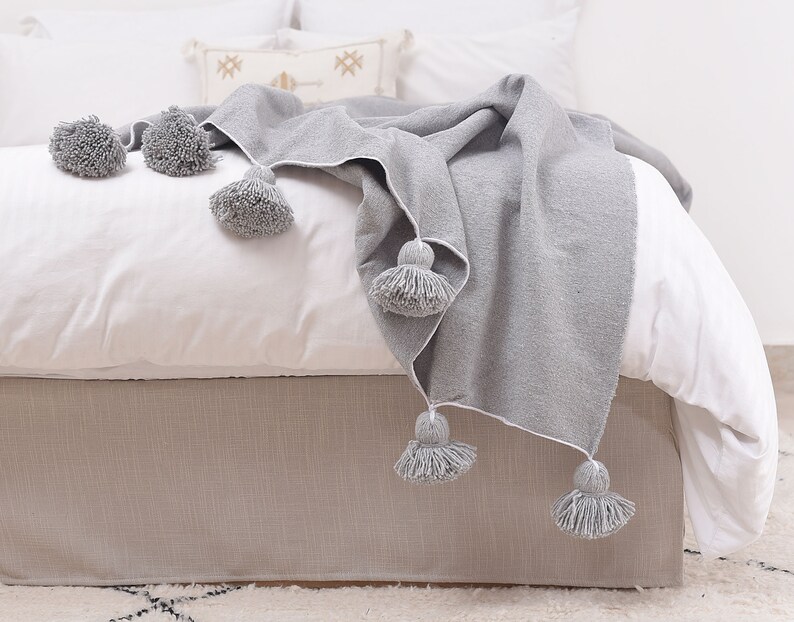Cotton Blanket Throw Pom Pom Gray Moroccan PomPom Bedspread Etsy