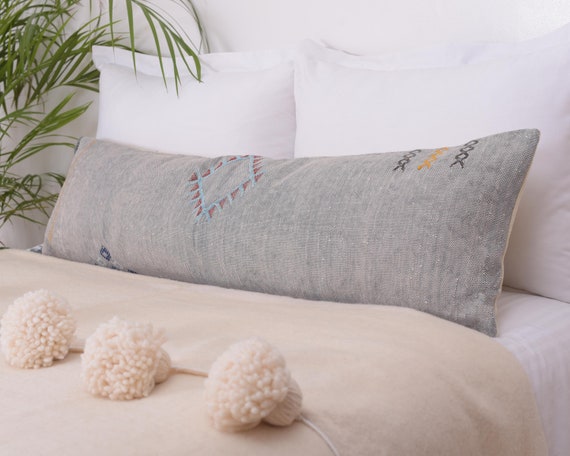Lumbar Bed Pillow Handwoven by Berber Women from Morocco CRSL167 Light Gray 14x46 Oversized Cactus Silk Moroccan Sabra Sofa Cushion