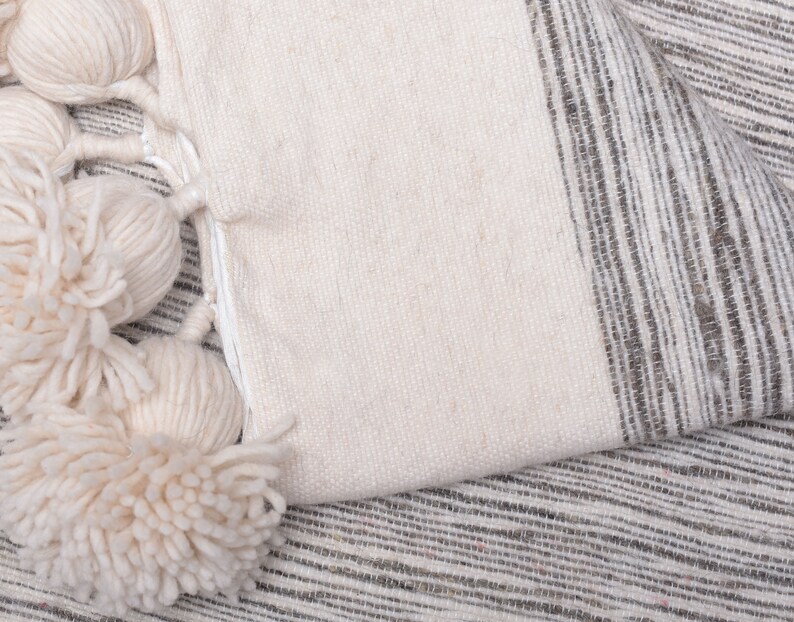 Wool Blanket Throw Pom Pom Off White/Gray PomPom Bedspread Etsy