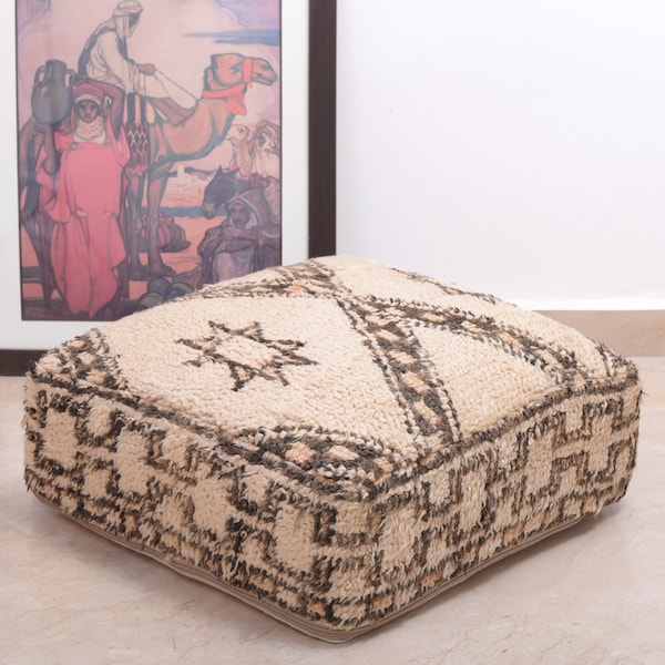 Beni Ourain Floor Pillow, Moroccan Floor Cushion, Wool Ottoman, 24"x24"11H", Insert Available, Refashioned from Hand Woven Berber Rug PVA068