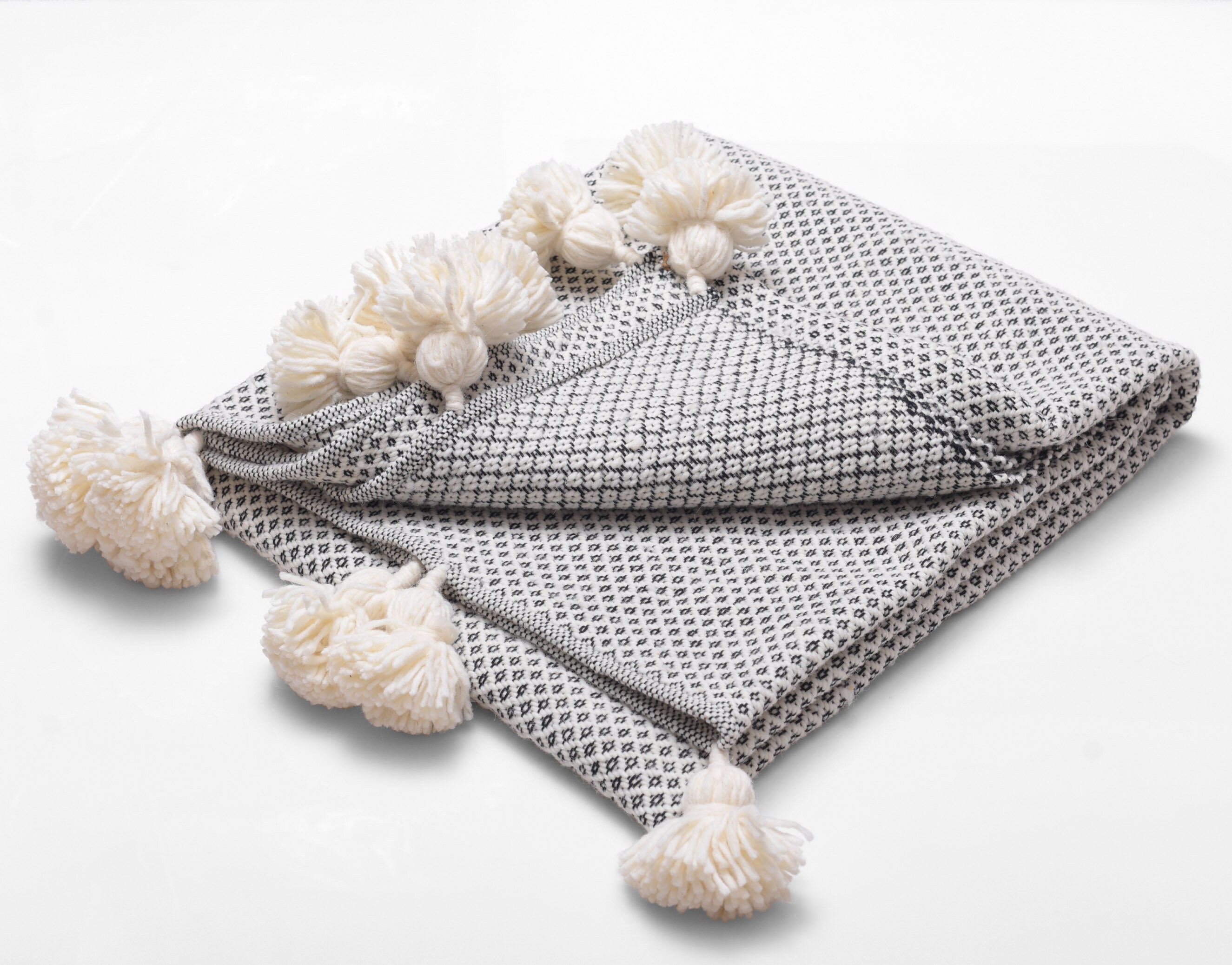 Wool Throw Diamond Pattern Pom Pom Blanket Moroccan Etsy