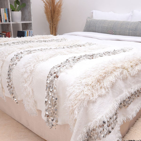 Off-White Sequin Coverlet, Moroccan Wedding Throw Blanket, , 79"x47", Hand Crafted by Berber Women from Morocco’s Atlas Mountains.  BNH014