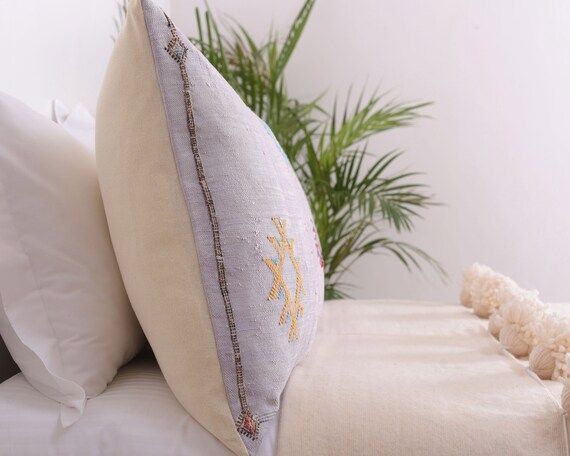 Lumbar Bed Pillow Handwoven by Berber Women from Morocco CRSL167 Light Gray 14x46 Oversized Cactus Silk Moroccan Sabra Sofa Cushion