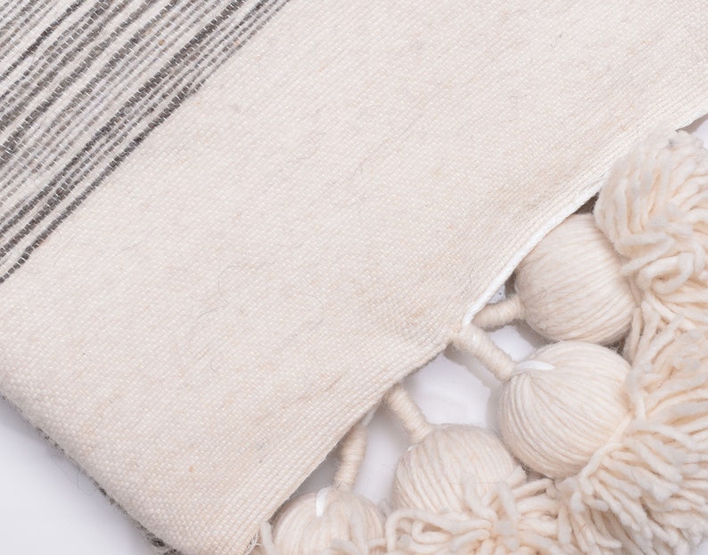 Wool Blanket Throw Pom Pom off White/gray Pompom Bedspread Etsy