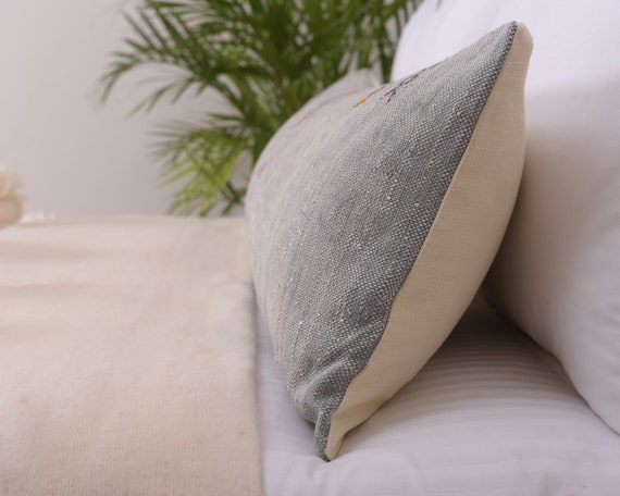 Lumbar Bed Pillow Handwoven by Berber Women from Morocco CRSL167 Light Gray 14x46 Oversized Cactus Silk Moroccan Sabra Sofa Cushion