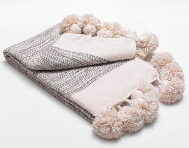 Wool Blanket Throw Pom Pom off White/gray Pompom Bedspread Etsy
