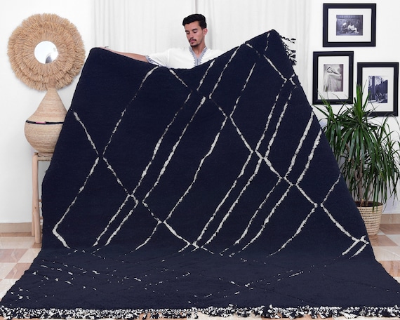 Alfombra negra para sala de estar, alfombra marroquí negra