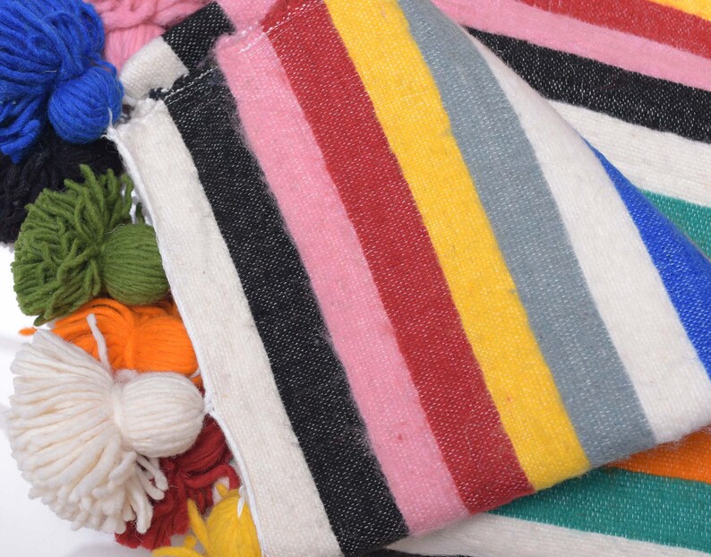 Wool Blanket Throw Pom Pom Multicolored Moroccan PomPom Etsy