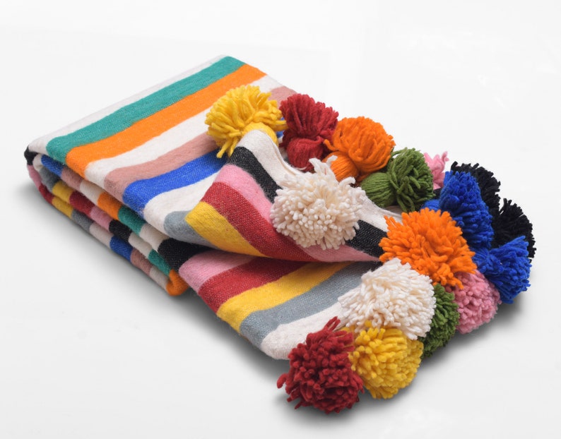 Wool Blanket Throw Pom Pom Multicolored Moroccan PomPom Etsy
