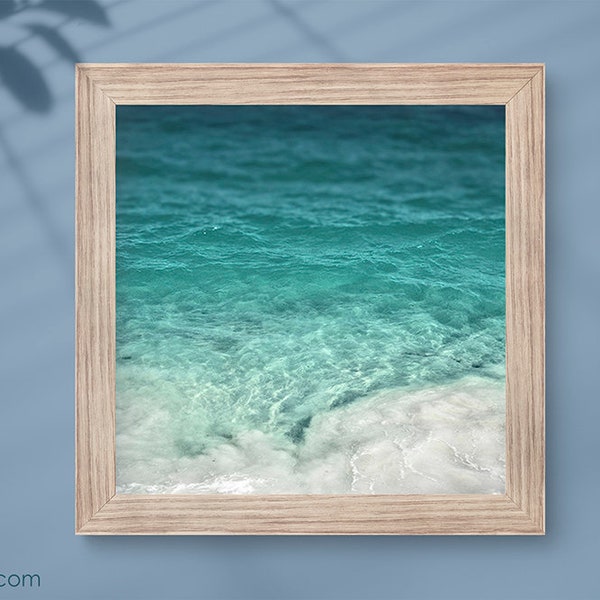 Square photo of teal Tulum beach ocean water. Turquoise wall art seashore decor. "Surface Cube" fits in record album frame or Ikea RIBBA.