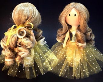 Wonderful gold princess doll with beautiful curly hair in gorgeous ball gown Soft textile handmade tilda cloth doll Christmas gift for girl