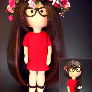 Portrait doll in red dress Beautiful cloth brunette doll Fabric Tilda OOAK art rag doll Valentine's day gift for girl image 4