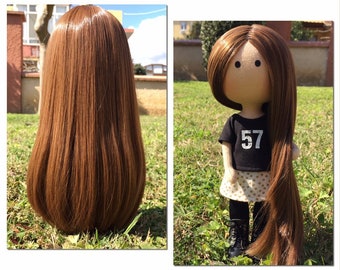 Handmade textile portrait doll for teen girl. Soft cloth tilda doll in 57 school t-shirt with long brown hair