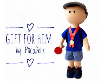 Portrait boy doll Cobalt blue Table tennis champion Selfie mini me doll Fabric doll with ping-pong racket Tilda custom toy Gift for husband
