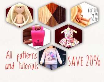 All-in-one set of patterns and tutorials Save 20% PDF doll body & clothes + tutorials for doll body, hair, dress and backpack Tilda rag doll