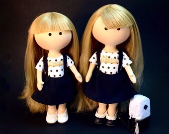 2 portrait doll sisters for two teen girls as personalized Christmas gift Handmade tilda long haired blonde dolls in black and white dresses