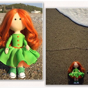 Bright redhead girl Corporate mascot Apple green dress OOAK textile Tilda doll Art cloth fabric Waldorf doll Office decor doll Business gift image 2