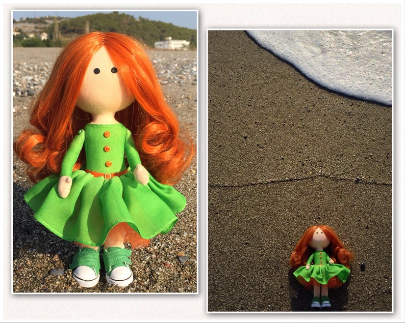 Bright redhead girl Corporate mascot Apple green dress OOAK textile Tilda doll Art cloth fabric Waldorf doll Office decor doll Business gift image 2