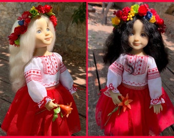 Beautiful Ukrainian outfit for Dianna Effner Little Darling doll: flower crown, blouse vyshyvanka, skirt, black shoes