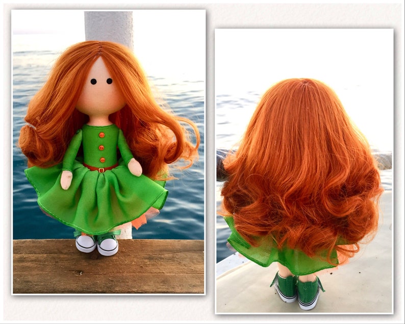 Bright redhead girl Corporate mascot Apple green dress OOAK textile Tilda doll Art cloth fabric Waldorf doll Office decor doll Business gift image 9