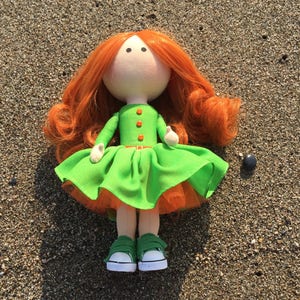 Bright redhead girl Corporate mascot Apple green dress OOAK textile Tilda doll Art cloth fabric Waldorf doll Office decor doll Business gift image 3