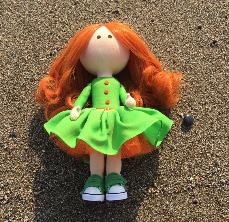 Bright redhead girl Corporate mascot Apple green dress OOAK textile Tilda doll Art cloth fabric Waldorf doll Office decor doll Business gift image 3