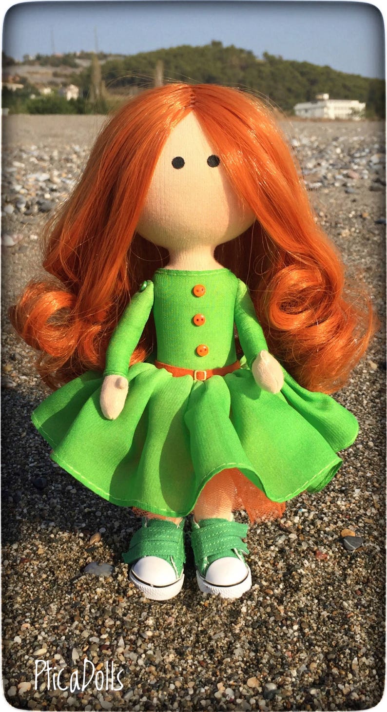 Bright redhead girl Corporate mascot Apple green dress OOAK textile Tilda doll Art cloth fabric Waldorf doll Office decor doll Business gift image 5